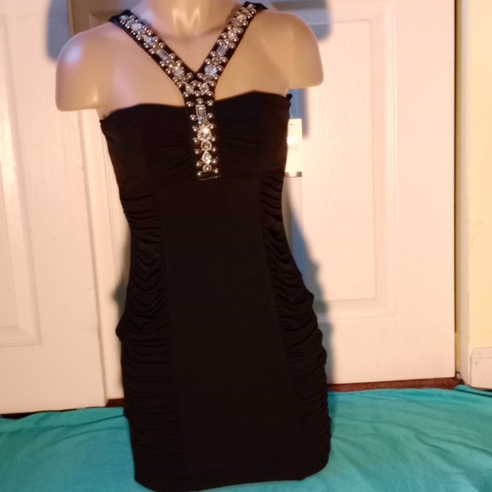 B Wear Too Black Jeweled Halter Bodycon Mini Dress XS NWT Glam Party - Picture 3 of 12